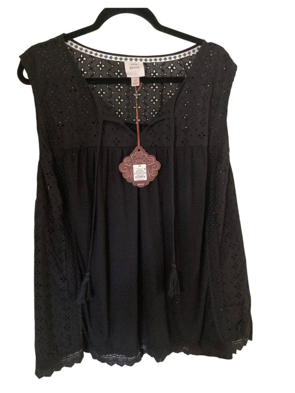 Knox Rose Black Eyelet Peasant Blouse with Tassel Ties